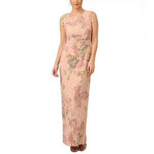 Adrianna Papell Floral Stretch Matelasse Long Column Gown Pink Sz 8